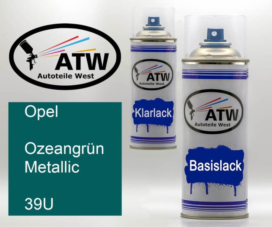 Opel, Ozeangrün Metallic, 39U: 400ml Sprühdose + 400ml Klarlack - Set, von ATW Autoteile West.